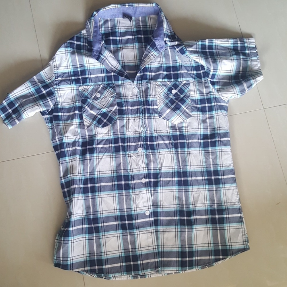 Blue plaid button-up shirt